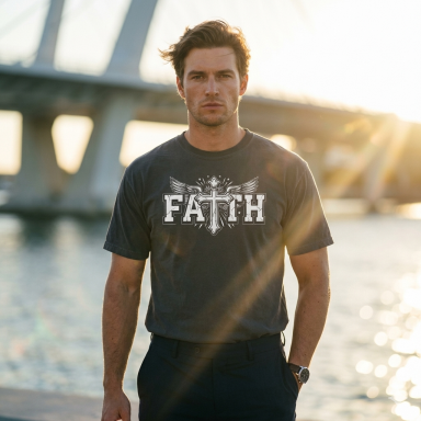 Faith Man standing by water, wearing a dark "FAITH" graphic t-shirt, with sunlight filtering through.
