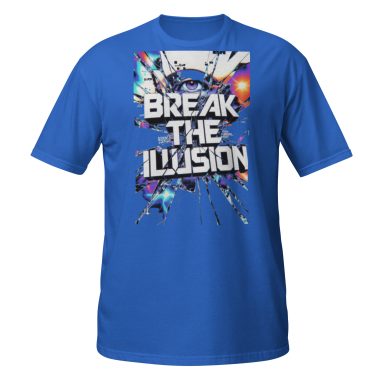 Blue t-shirt featuring the phrase "BREAK THE ILLUSION" with dynamic graphic designs.