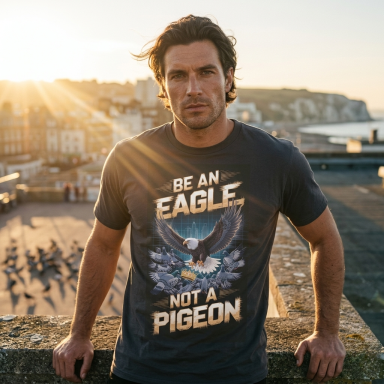 Be An Eagle Not a Pigeon Man wearing a t-shirt with "Be an eagle, not a pigeon" in front of a scenic view.