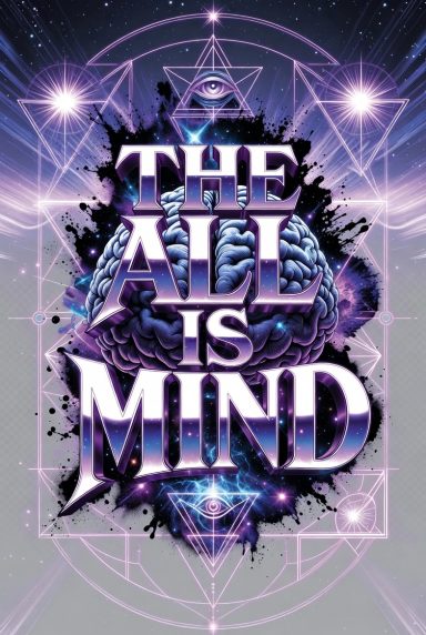 Text design featuring "THE ALL IS MIND" with cosmic and geometric elements.
